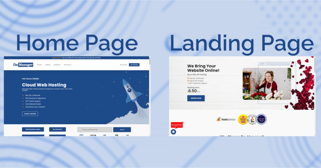 Comparing landing page and home page