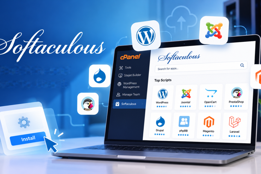 Laptop displaying a web hosting control panel with Softaculous and popular application icons