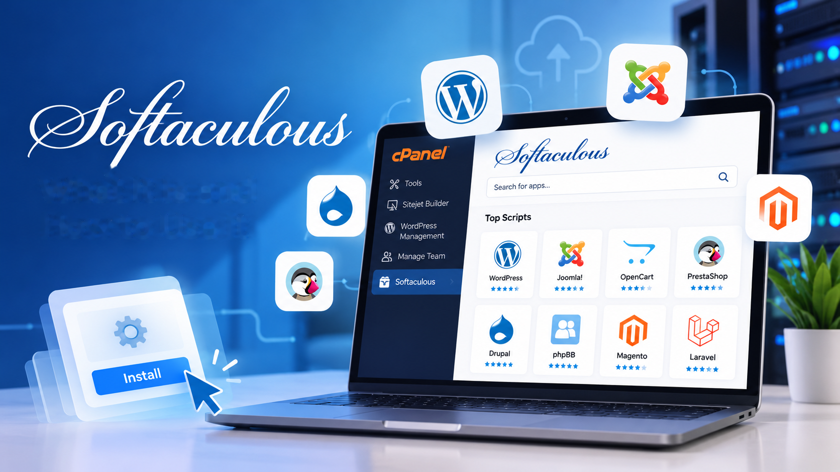 Laptop displaying a web hosting control panel with Softaculous and popular application icons