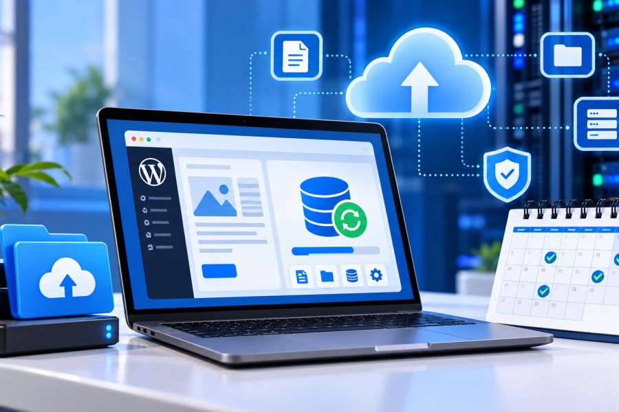 Laptop displaying website backup management with cloud storage and a scheduled backup calendar