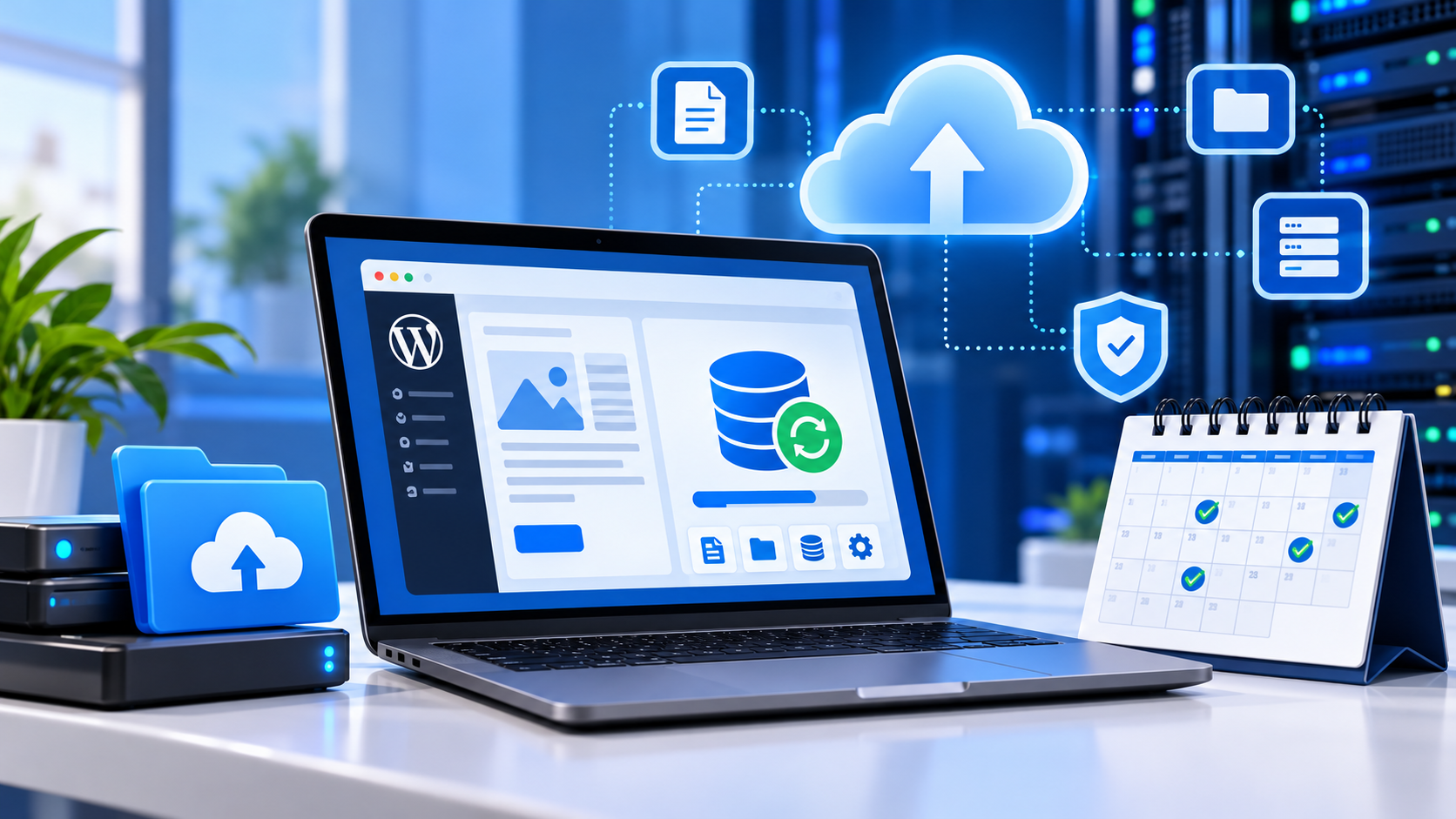 Laptop displaying website backup management with cloud storage and a scheduled backup calendar