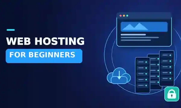 Web hosting for beginners: server racks, a website screen, cloud hosting and security lock.