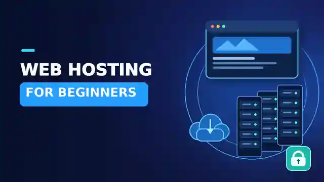 Web hosting for beginners: server racks, a website screen, cloud hosting and security lock.
